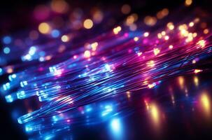 fibre optique Contexte avec beaucoup de lumière taches et bokeh ai généré photo