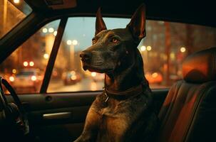 chien à la recherche en dehors de le voiture fenêtre à le coucher du soleil ai généré photo