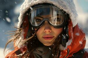 fermer portrait de une magnifique fille dans une ski costume et des lunettes de protection ai généré photo