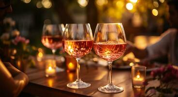 des lunettes de Rose du vin dans le mains sur le Contexte de le réglage Soleil ai généré photo