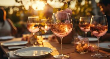 des lunettes de Rose du vin dans le mains sur le Contexte de le réglage Soleil ai généré photo