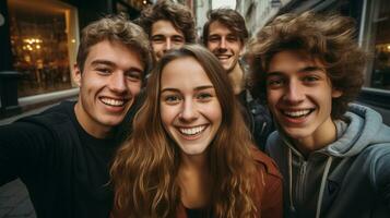 portrait de souriant copains prise selfie sur téléphone intelligent dans ville, faible angle vue ai généré photo