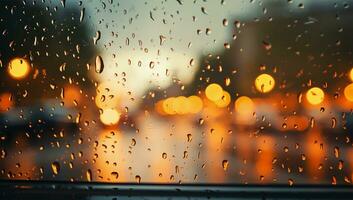 pluie gouttes sur le verre avec voiture lumière bokeh Contexte ai généré photo