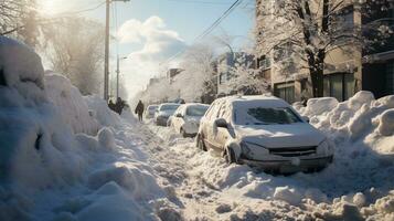 voitures couvert avec neige dans une Résidentiel zone dans le hiver ai généré photo