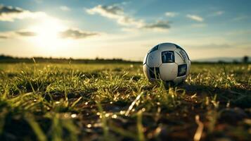 football Balle sur vert herbe avec le coucher du soleil Contexte. football Balle sur Football champ ai généré photo