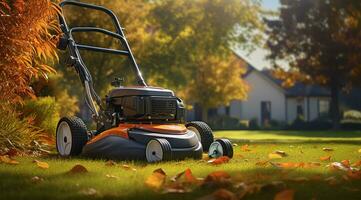 pelouse tondeuse sur le herbe dans le l'automne jardin. jardinage concept ai généré photo