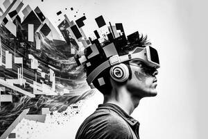 Jeune homme en utilisant virtuel réalité casque. vr lunettes, futuriste, technologie, en ligne éducation, éducation, vidéo Jeu concept. génératif ai. photo