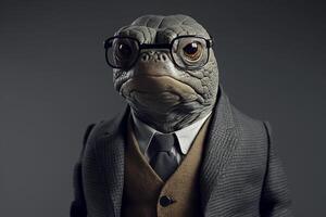 portrait de une tortue avec des lunettes et une formel costume, noir Contexte. génératif ai. photo