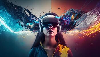 Jeune femme en utilisant virtuel réalité casque. vr lunettes, futuriste, technologie, en ligne éducation, éducation, vidéo Jeu concept. génératif ai. photo