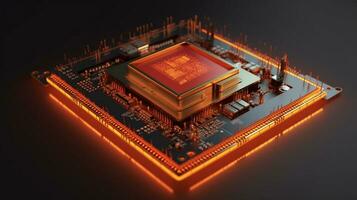 micro CPU sur circuit planche avec rouge éclairage 3d. génératif ai. photo