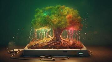 magnifique illustration de le symbolique la magie arbre de la vie.la ev mise en charge station explose avec coloré arbre racines. génératif ai. photo