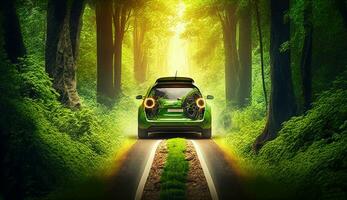 électrique véhicule et ev électrique énergie pour le environnement, ev voitures sur forêt routes à écologique écosystème en bonne santé environnement électrique voitures et la nature. génératif ai. photo