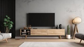 intérieur moquer en haut vivant chambre. cabinet pour la télé ou endroit objet dans moderne vivant pièce avec lampe, table, fleur et plante. ai génératif. photo