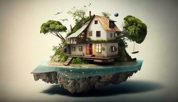 illustration de Maisons et des arbres sur le île sur une brillant Couleur Contexte. ai génératif. photo
