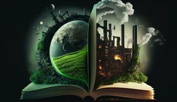 un ouvert fantaisie livre illustration sur le contraire côté de le vieux industriel conception pollué avec vert Puissance et sûr Terre. ai génératif. photo