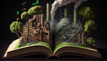 un ouvert fantaisie livre illustration sur le contraire côté de le vieux industriel conception pollué avec vert Puissance et sûr Terre. ai génératif. photo