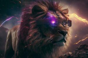 Lion tête portant virtuel réalité lunettes, incroyable expérience dans abstrait vr lunettes. génératif ai. photo