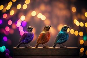 Trois des oiseaux supporter sur vieux le bois, le Contexte est bokeh. génératif ai. photo