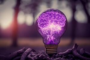 Humain cerveau embrasé à l'intérieur de lumière ampoule violet. génératif ai. photo