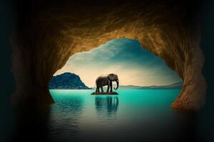 thaïlandais l'éléphant permanent dans le milieu de le mer mer paysage avec une grand Montagne dans le Contexte tourisme affaires concept. génératif ai. photo