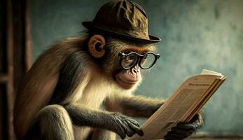 une froidement habillé singe portant une chapeau et des lunettes est assis et lit une livre. génératif ai. photo