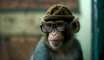 singe portant des lunettes en portant une caméra pose pour une photo, photo