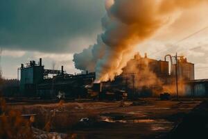 cheminée et noir fumée au dessus chimique industrie à le coucher du soleil. ai génératif. photo