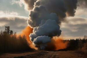 cheminée et noir fumée au dessus chimique industrie à le coucher du soleil. ai génératif. photo