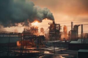 cheminée et noir fumée au dessus chimique industrie à le coucher du soleil. ai génératif. photo