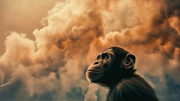 le singe est assis et regards à le produits chimiques au dessus le usine. génératif ai. photo