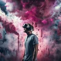 Jeune homme en utilisant virtuel réalité casque. vr lunettes, futuriste, technologie, en ligne éducation, éducation, vidéo Jeu concept. génératif ai. photo