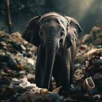 un l'éléphant des stands parmi le piles de Plastique déchets à la recherche pour nourriture et abri, concept de économie le monde. génératif ai. photo