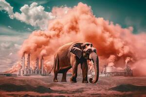 l'éléphant des stands en train de regarder une pétrochimique raffinerie à lever du soleil. génératif ai. photo