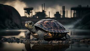 tortue des stands en train de regarder une pétrochimique raffinerie à lever du soleil. génératif ai. photo