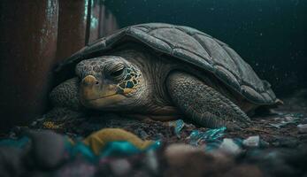 une tortue dort parmi le piles de Plastique déchets, concept de économie le monde. génératif ai. photo