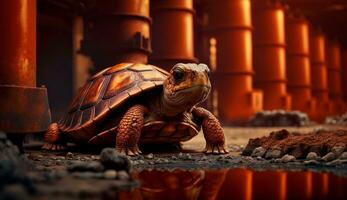 tortue des stands en train de regarder une pétrochimique raffinerie à lever du soleil. génératif ai. photo