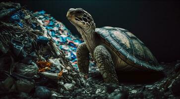 une tortue dort parmi le piles de Plastique déchets, concept de économie le monde. génératif ai. photo