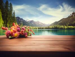 vide en bois table décoré avec coloré fleurs, flou lagune et Montagne voir, arrière-plan, ai génératif. photo