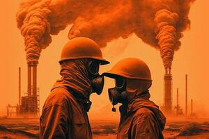 homme et femme dans protecteur Vêtements fumée de pollution. le évolution de humanité au-delà catastrophe. génératif ai. photo