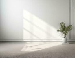 blanc vide minimaliste pièce intérieur avec des vases sur une en bois sol, blanc paysage dans la fenêtre. ai génératif. photo