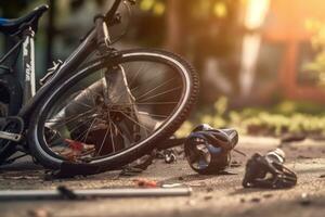 Urbain scène avec une bicyclette crash route accident mensonge sur le sol, avec cassé bicyclette et casque dans le milieu de le ville. bicyclette crash route accident . génératif ai photo