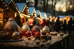 une de fête scène à un avènement marché avec stalles vente vacances traite, artisanat, et décorations, capturer le animé atmosphère de saisonnier marchés. génératif ai photo