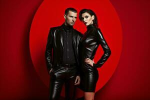 Jeune couple habillé dans un élégant noir cuir tenue, rayonnant la grâce et équilibre contre le rouge Contexte. génératif ai photo