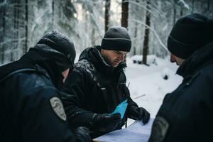 officiers conduite une tactique Compte rendu dans une couvert de neige champ, mise en évidence direction et stratégie. génératif ai photo