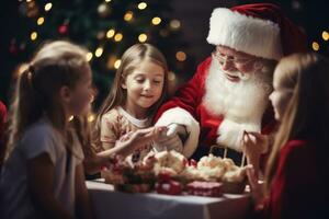 Père Noël claus partage une cadeaux avec les enfants autour une de façon festive décoré tableau, rayonnant joie et unité. génératif ai photo