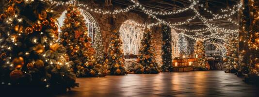 une captivant forêt de magnifiquement décoré Noël des arbres, orné avec scintillement lumières et chatoyant ornements, création une magique ambiance. génératif ai photo