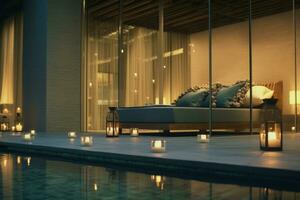 luxueux spa réglage avec doux éclairage, relaxant musique, et serein décor, évoquant une sens de sérénité et bien-être. génératif ai photo