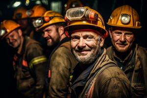une groupe de mineurs collaborer et travail ensemble dans une foncé souterrain tunnel, représentant le importance de travail en équipe et camaraderie dans le exploitation minière industrie. génératif ai photo