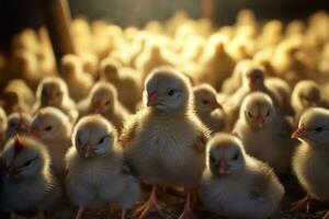 lot de peu poulets dans une la volaille cultiver. génératif ai photo