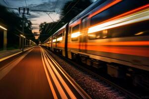 train qui passe une haute la vitesse par avec longue exposition les sentiers de lumière, création une sens de la vitesse et mouvement. génératif ai photo